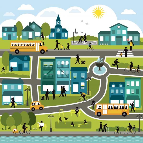 ILLUSTRATION DE TRANSPORTS DOUX DANS UNE VILLE