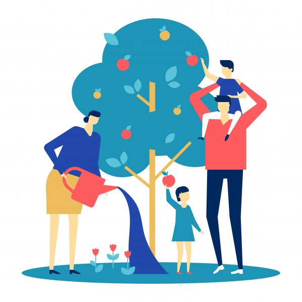 Illustration d'une famille qui protège la biodiversité