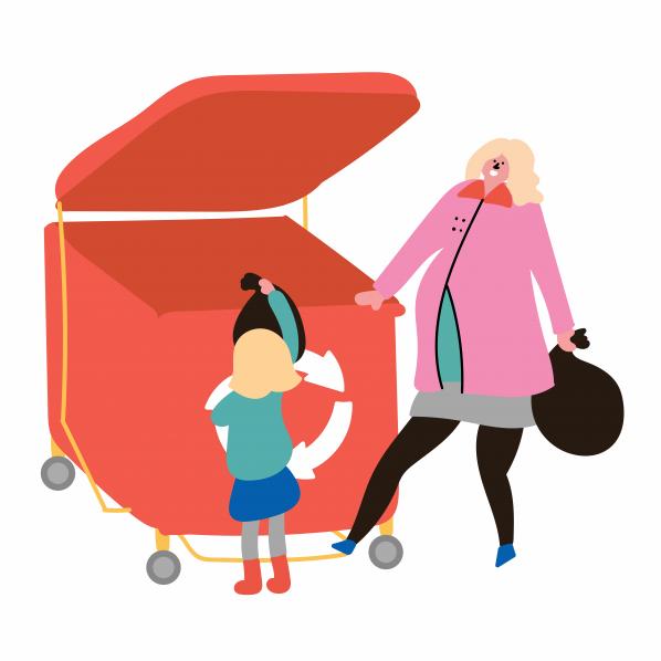 Maman aidée de sa fille pour jeter des poubelles