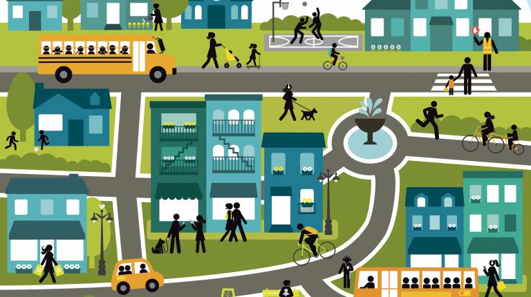 ILLUSTRATION DE TRANSPORTS DOUX DANS UNE VILLE